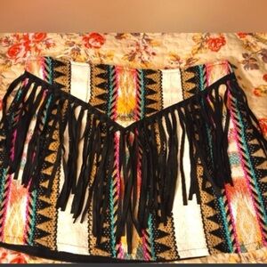 NWOT Southwestern Judith March Black and Cream Bohemian Faux Suede Mini Skirt